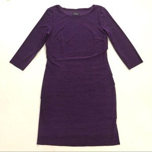 Tahari Women Purple Knit Scoop Neck Tiered Knee Length 3/4 Sleeve Sheath Dress 8